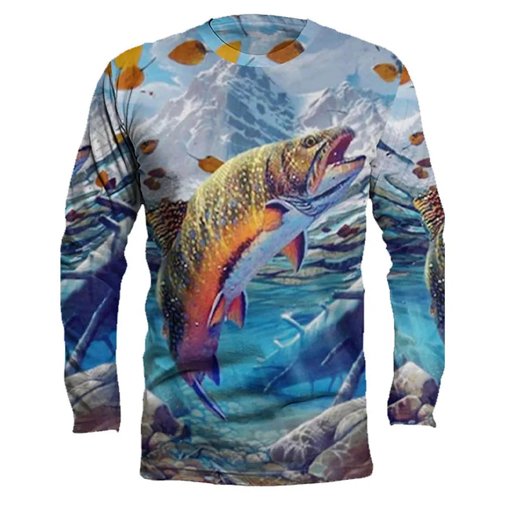 Men's grey pullover with a fish pattern print, round neck, and long sleeves.