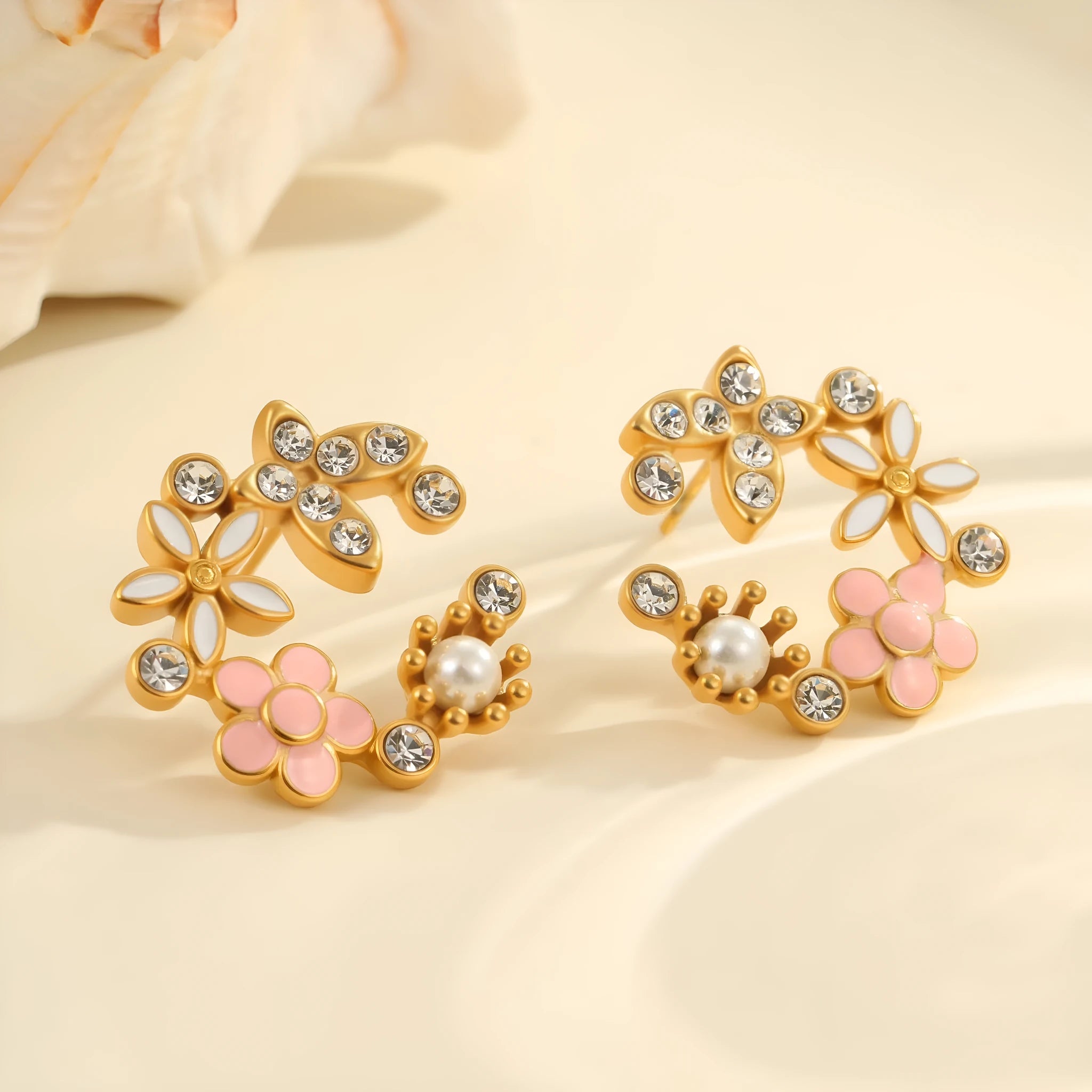 Colourful flower stud earrings with petal design in 18K stainless steel with electroplated finish