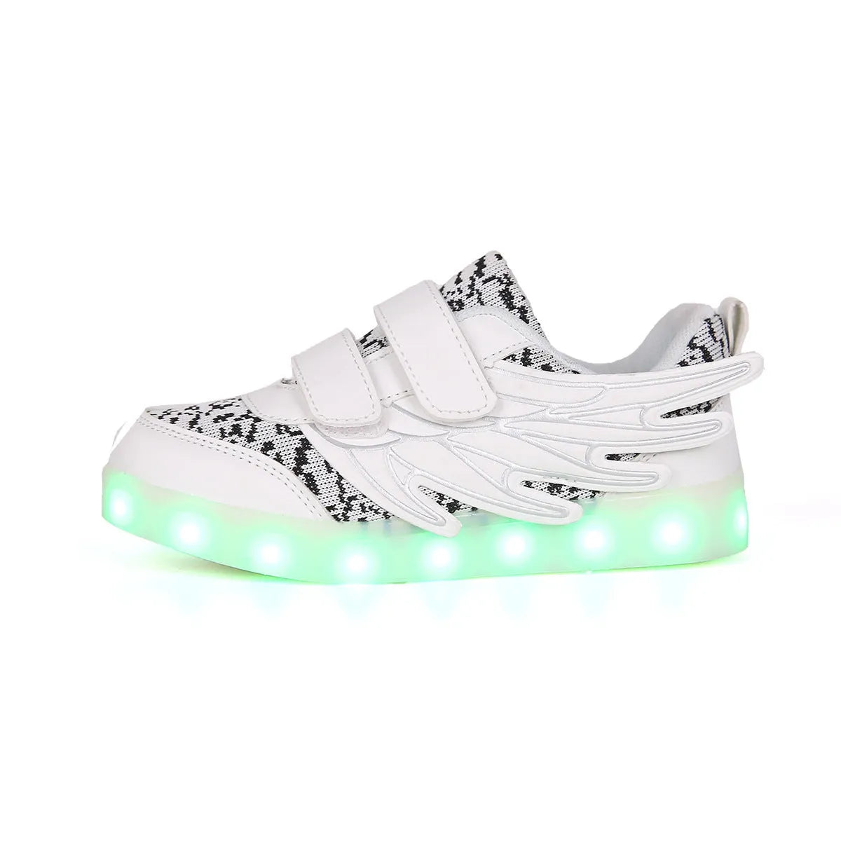 USB rechargeable children's LED light up trainers in plum red and white showing flashing soles.