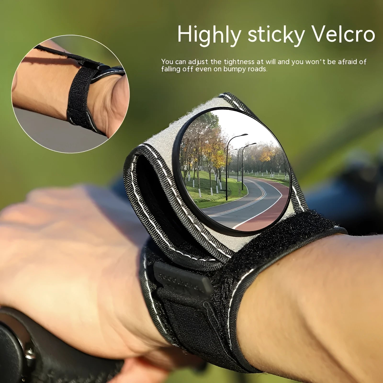 Black nylon wrist-mounted cycling rear-view mirror for bicycle safety