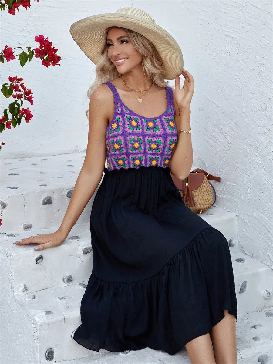 Purple floral pattern sleeveless dress with decorative flower stitching detail