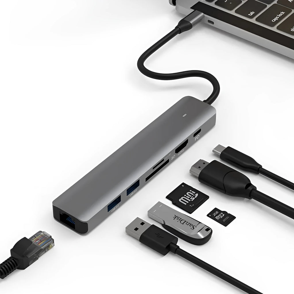 LQT-LH07 USB C 7-in-1 hub with HDMI, USB 3.0, SD card reader and Power Delivery charging port