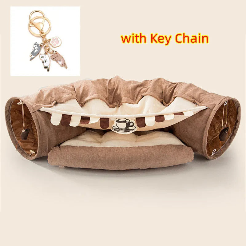 Collapsible cloth cat tunnel in choice of bar, coffee, matcha, or pink colours, shown folded and unfolded
