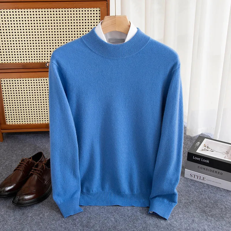 Men's half turtleneck wool sweater in a loose fit, shown in a range of colour options.