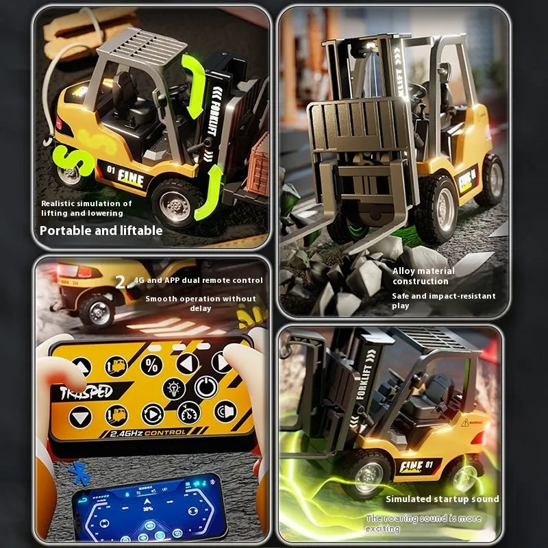 1:64 scale alloy Bluetooth remote control forklift toy with four accessories and three obstacles