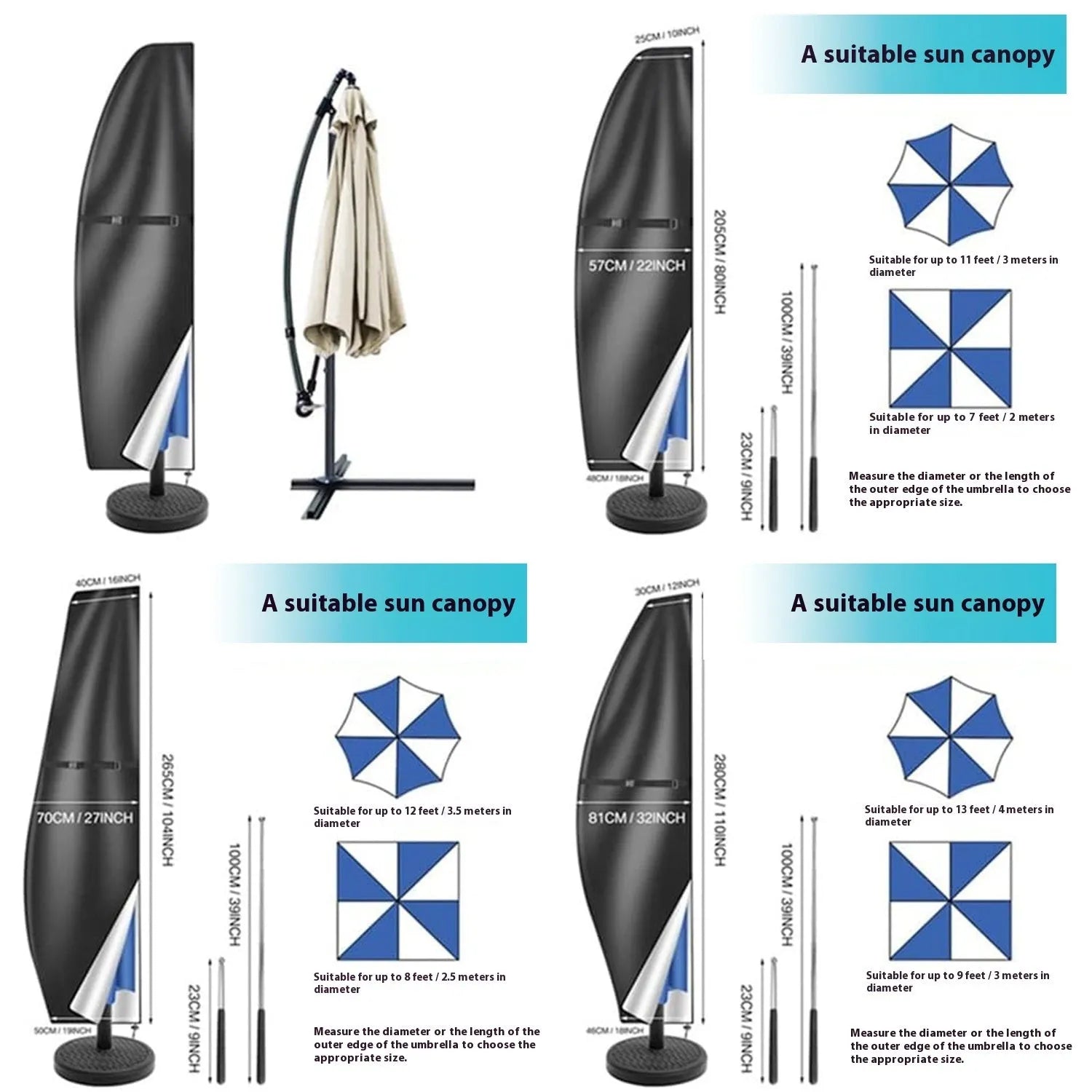 Grey waterproof Oxford cloth cover for a large outdoor offset umbrella.