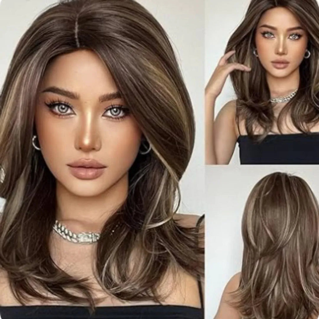 Mid-length curly synthetic wig with long fringe in a platinum gradient colour, available in brown, white gold and wine red.