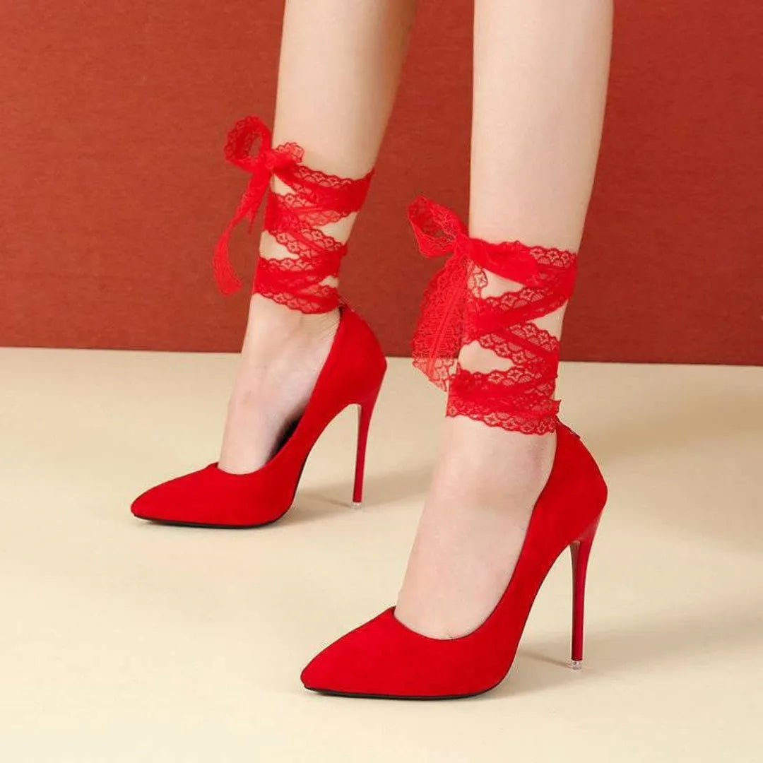 Women's black PU court shoes with thin strap and pointed toe on 12cm heel