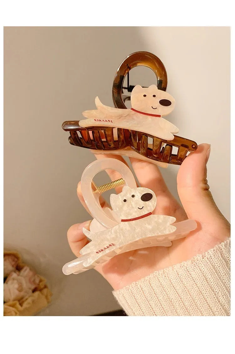 Cartoon puppy design grip hair clip barrette in beige or brown, shown at 13cm and 8cm sizes.