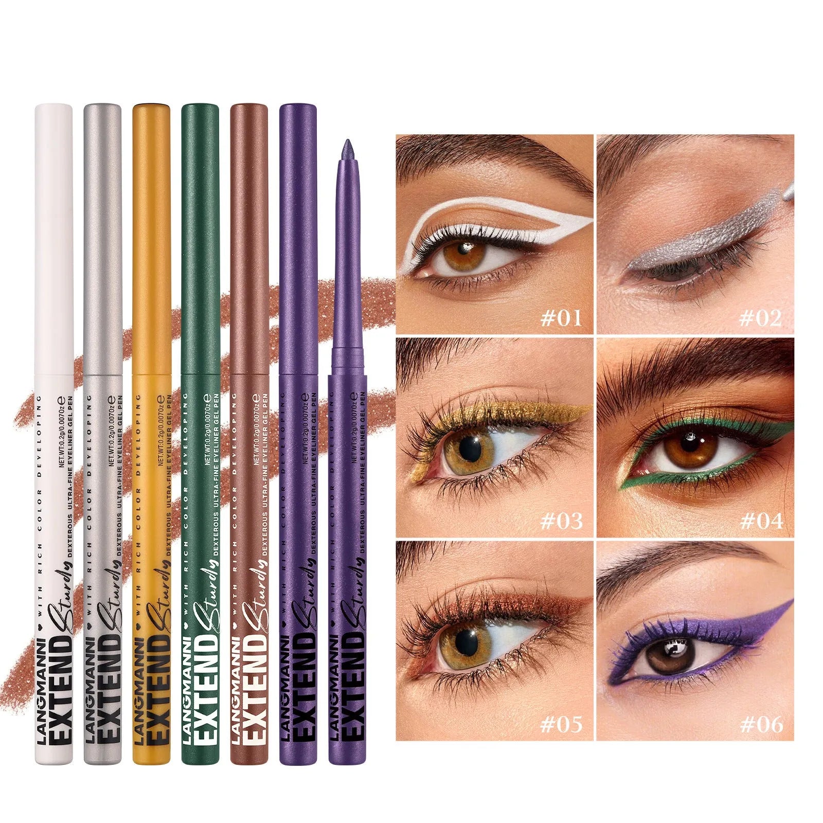 Set of 12 colourful gel glitter eyeliner pencils with various shades on white background