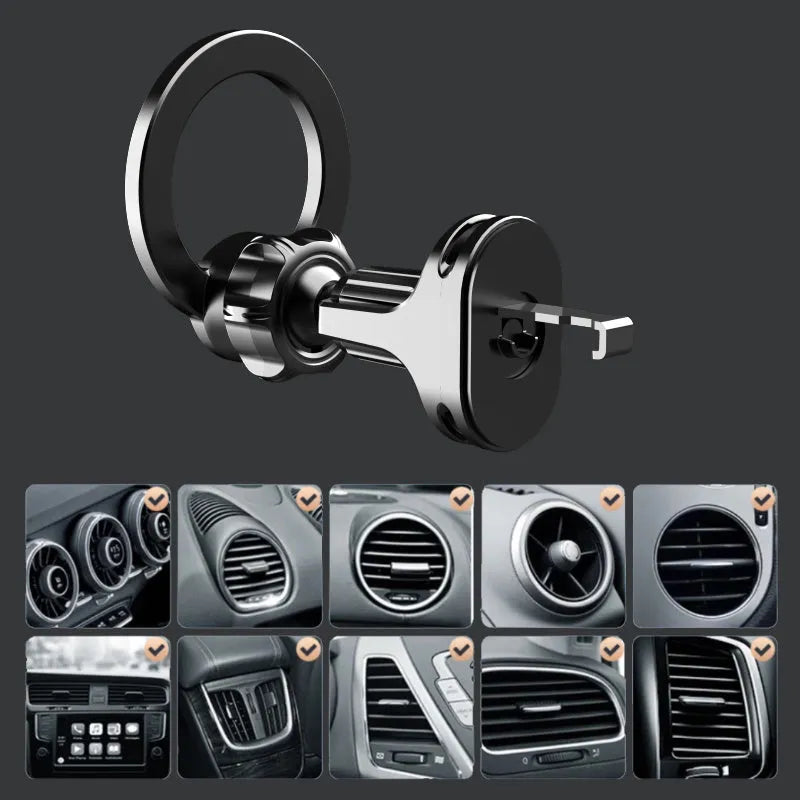 Black magnetic car air vent phone holder with O-ring design for mobile phones under 6.8 inches