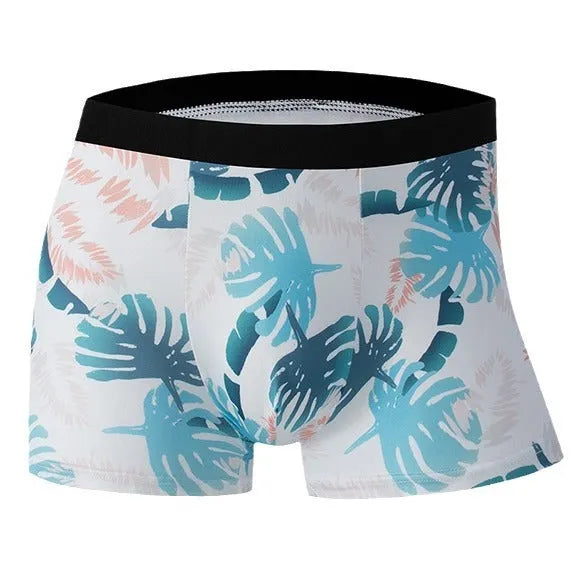 Men's ice silk printed underwear in floral pattern showing mid waist design and lightweight fabric