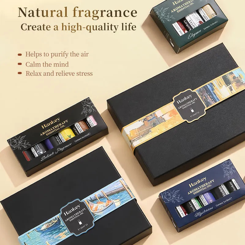 Boxed set of water-soluble aromatherapy essential oils for use in diffusers and humidifiers