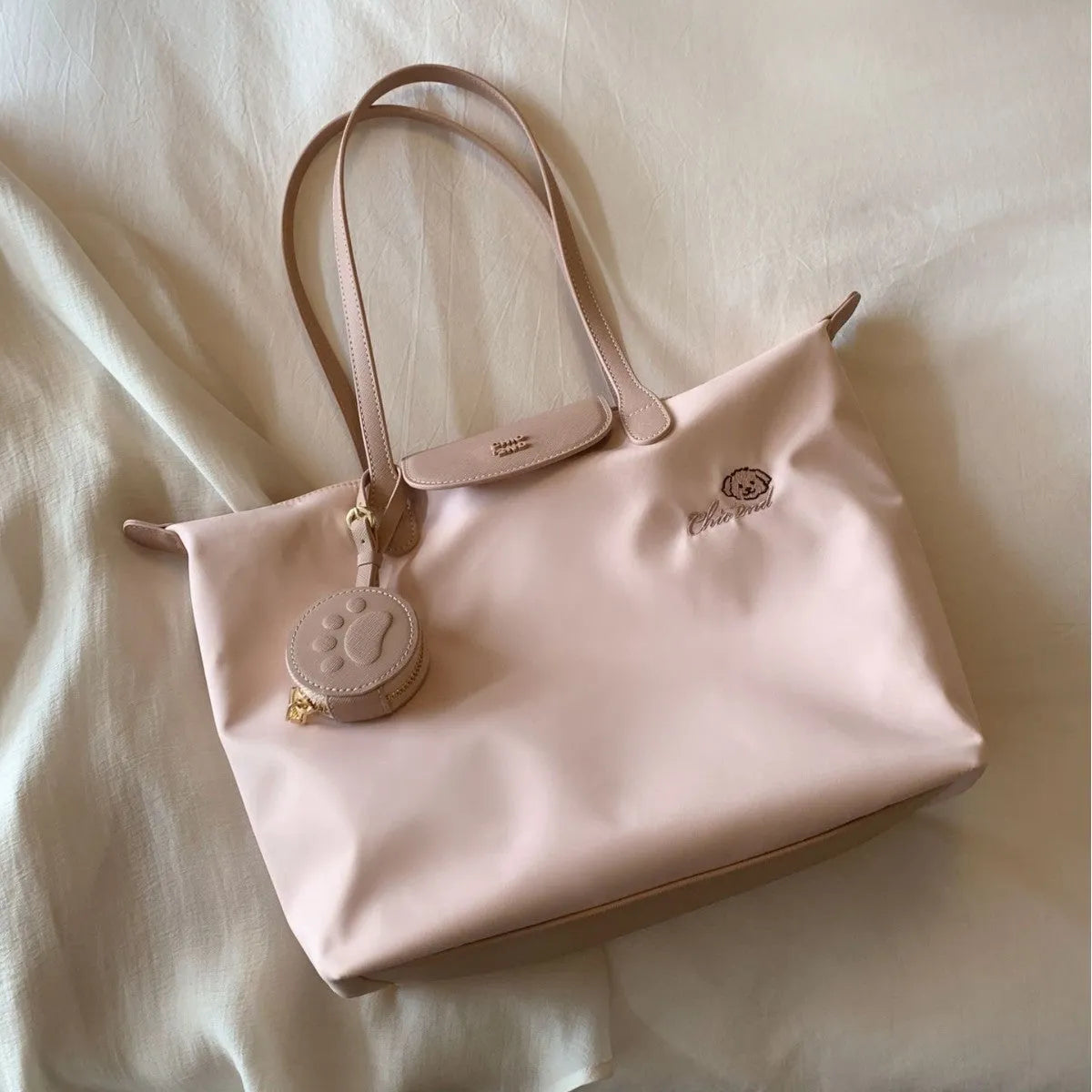 Oxford cloth tote shoulder bag with sandwich pockets in pink colour