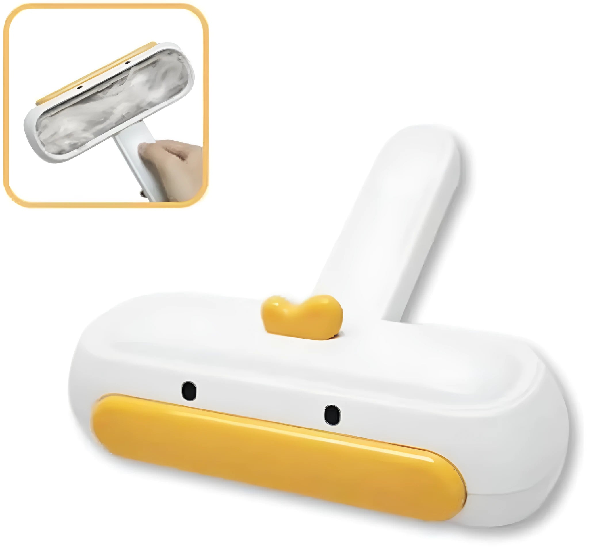 White portable pet hair remover brush with yellow duck design showing 4cm diameter