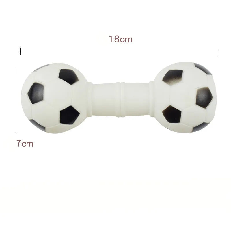 Brown, orange, white, and yellow PVC football dumbbell shaped squeaky dog chew toy.