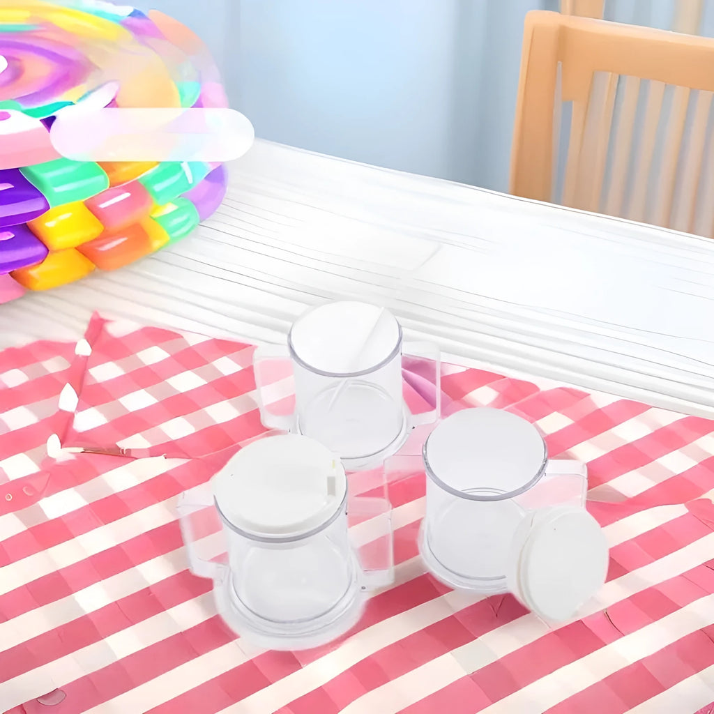 Transparent plastic drinking cup with spill-proof lid showing 14cm height and 12cm diameter dimensions