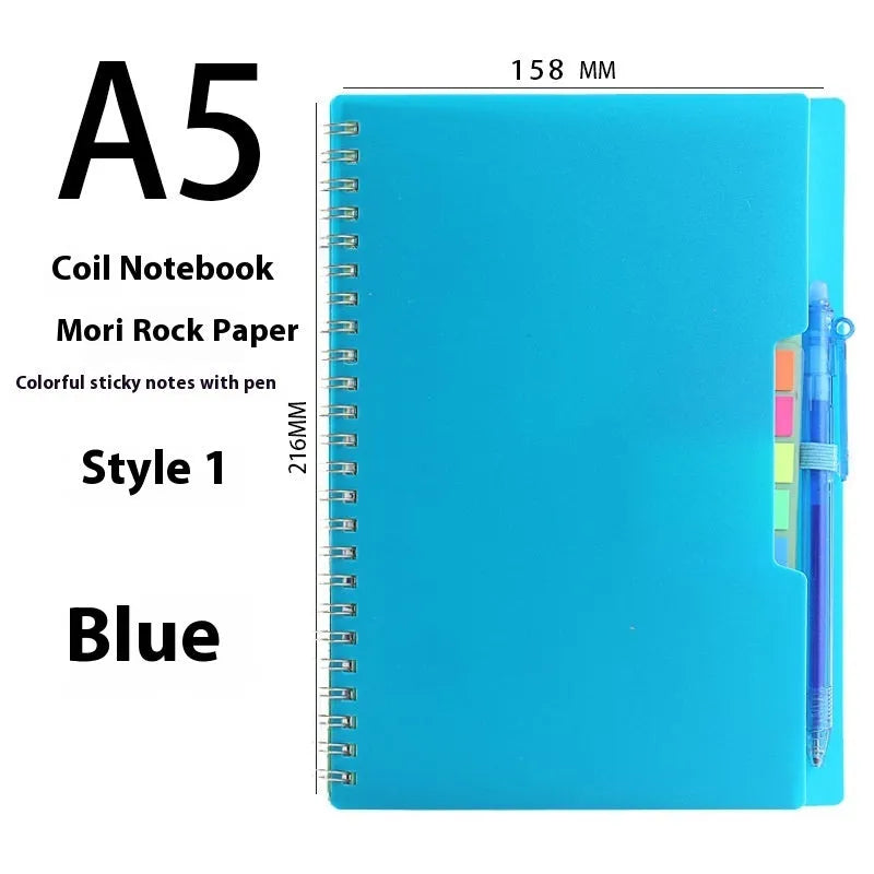 A5 erasable coil notebook with stone paper, open to show reusable pages and included pen, with custom cover options displayed.