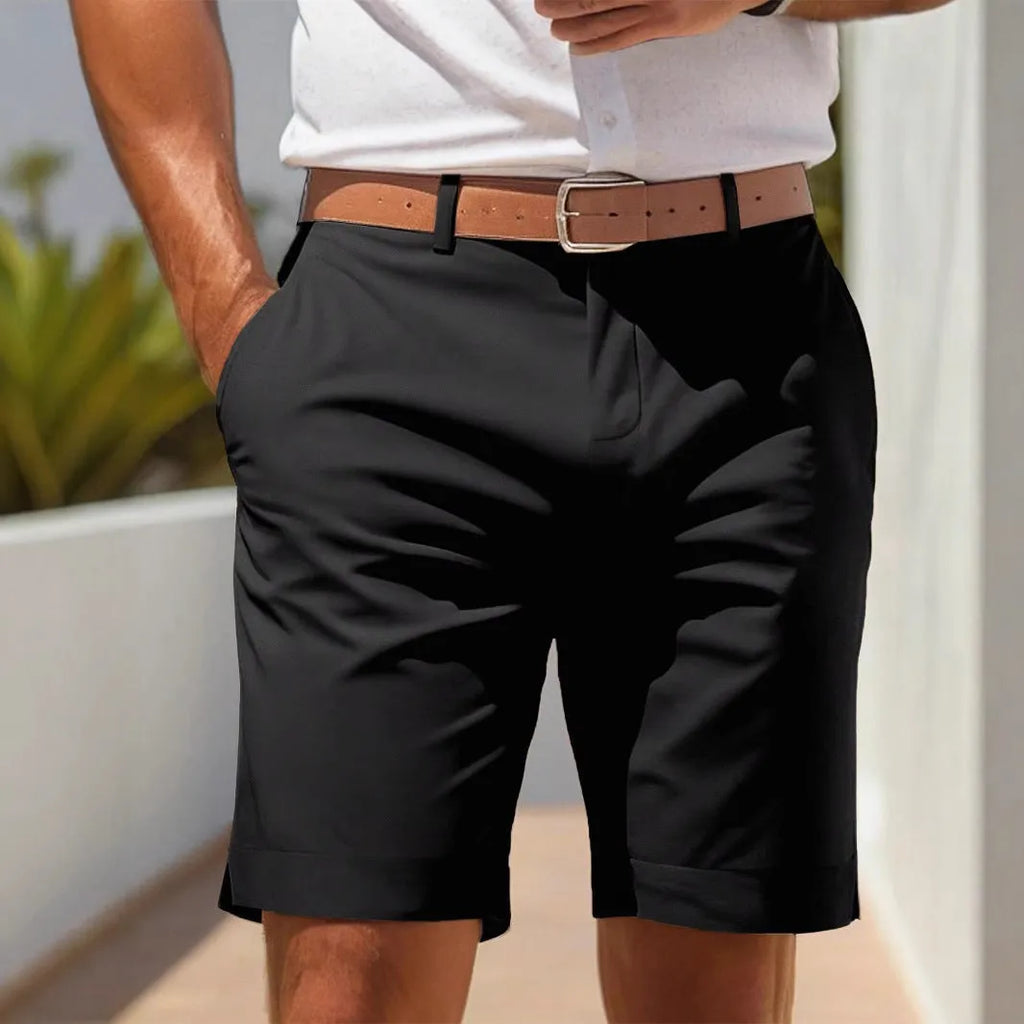 Men's straight-cut light grey polyester summer shorts on a hanger