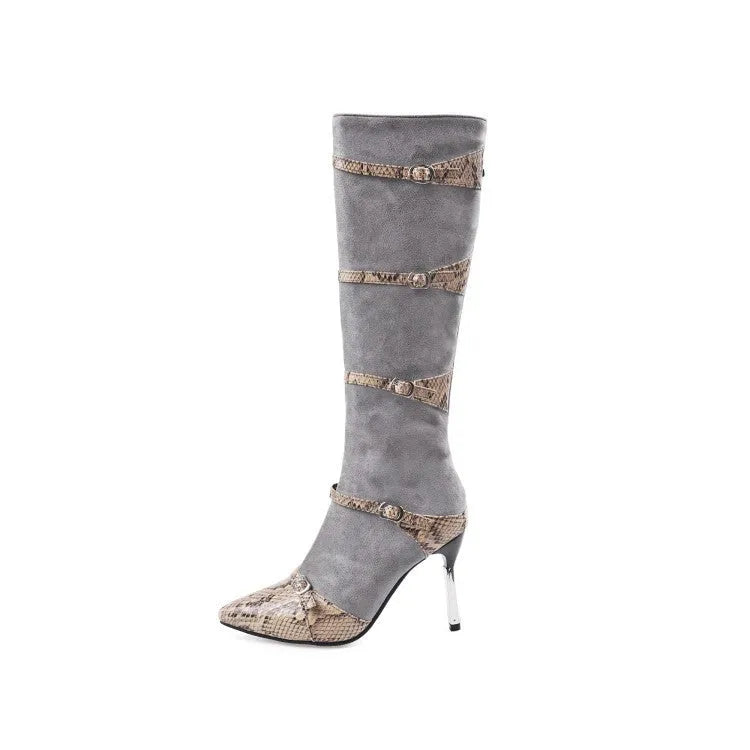 Grey and black women's knee high boots with a thin high heel and velvet lining.