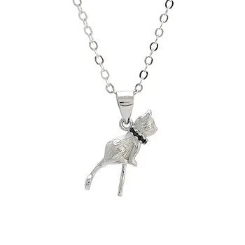 Close-up of a sterling silver cat pendant on a clavicle chain, showing detailed feline design and bright electroplated finish.
