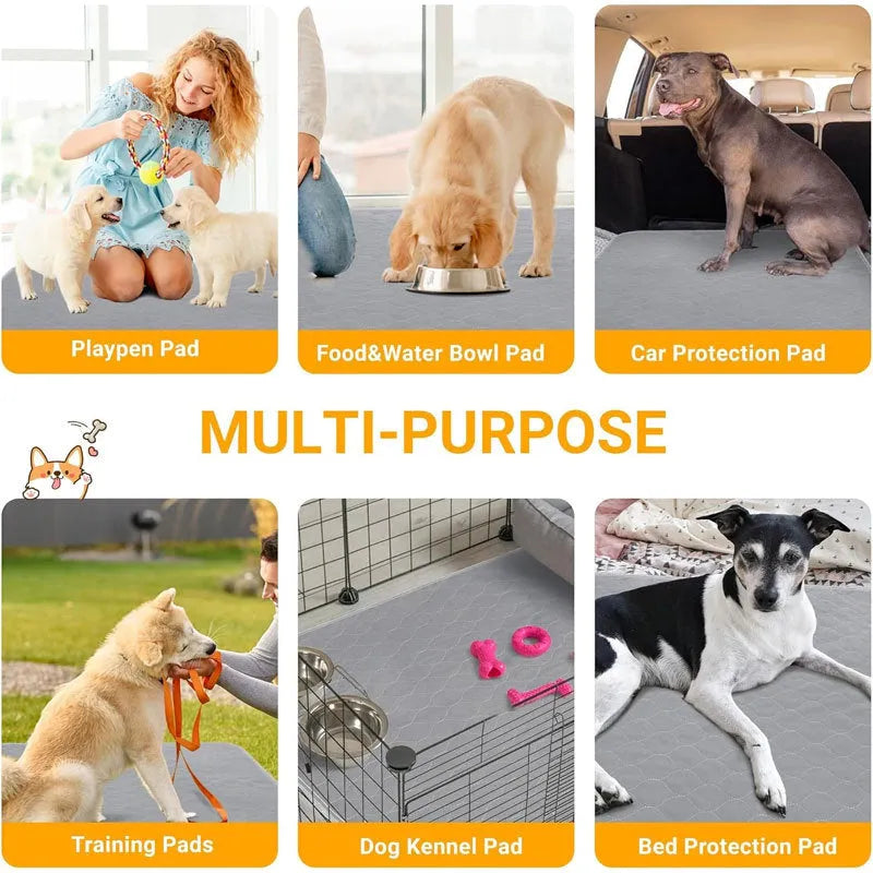 Grey and khaki washable waterproof dog pee pads on a wooden floor.