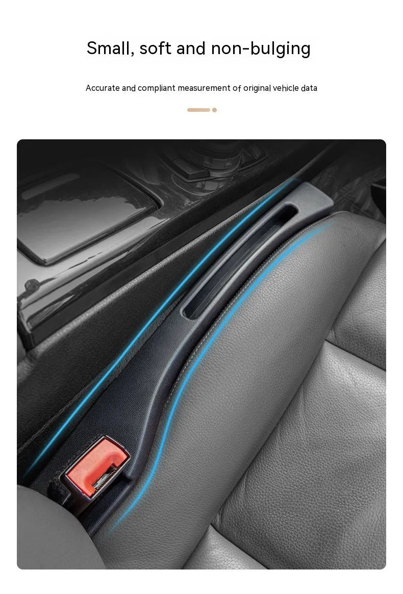 Black and brown plastic car seat gap storage boxes with handles for driver and passenger sides.