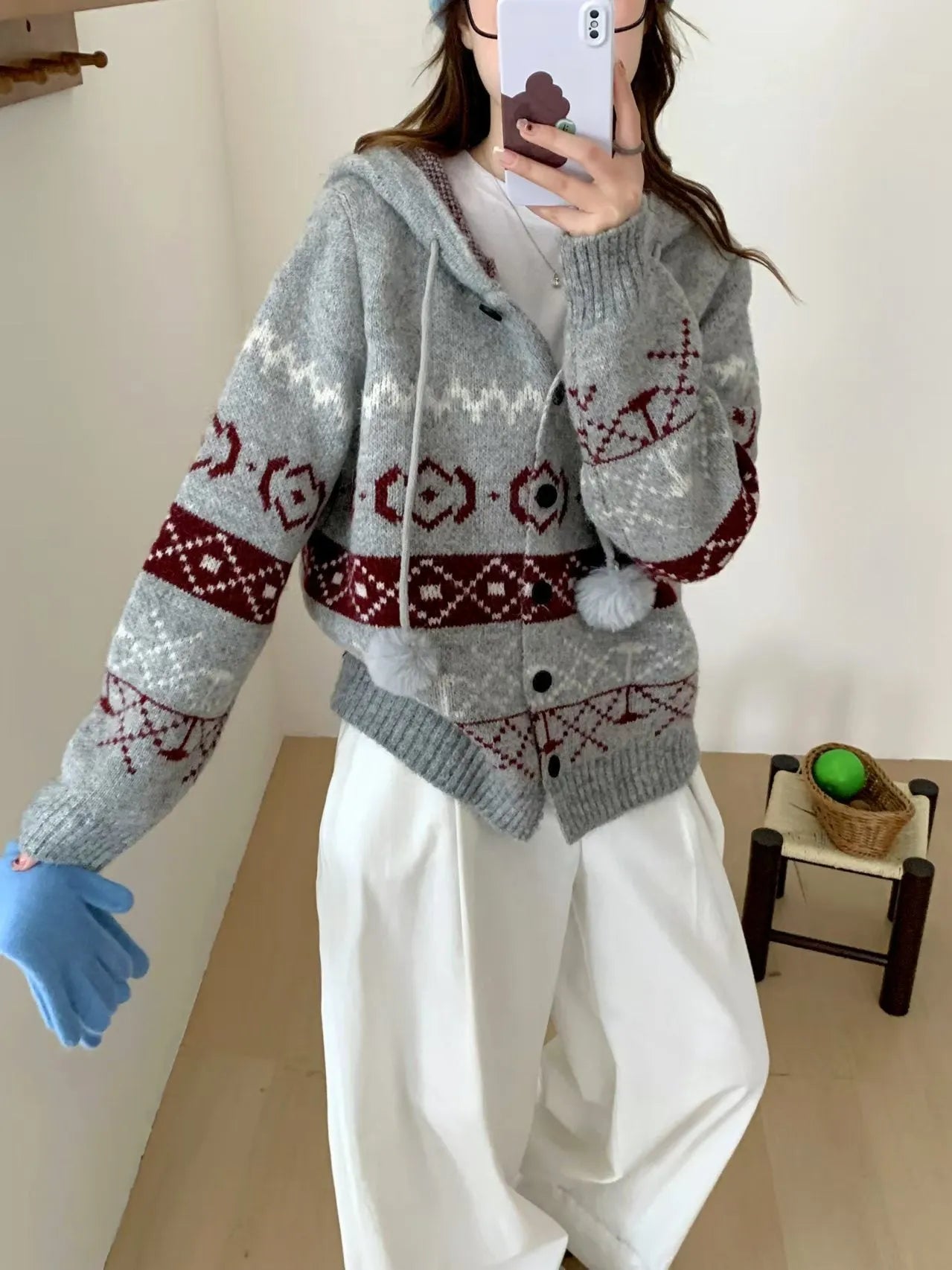 Geometric pattern brocade sweater coat for plus size women in loose fit with long sleeves