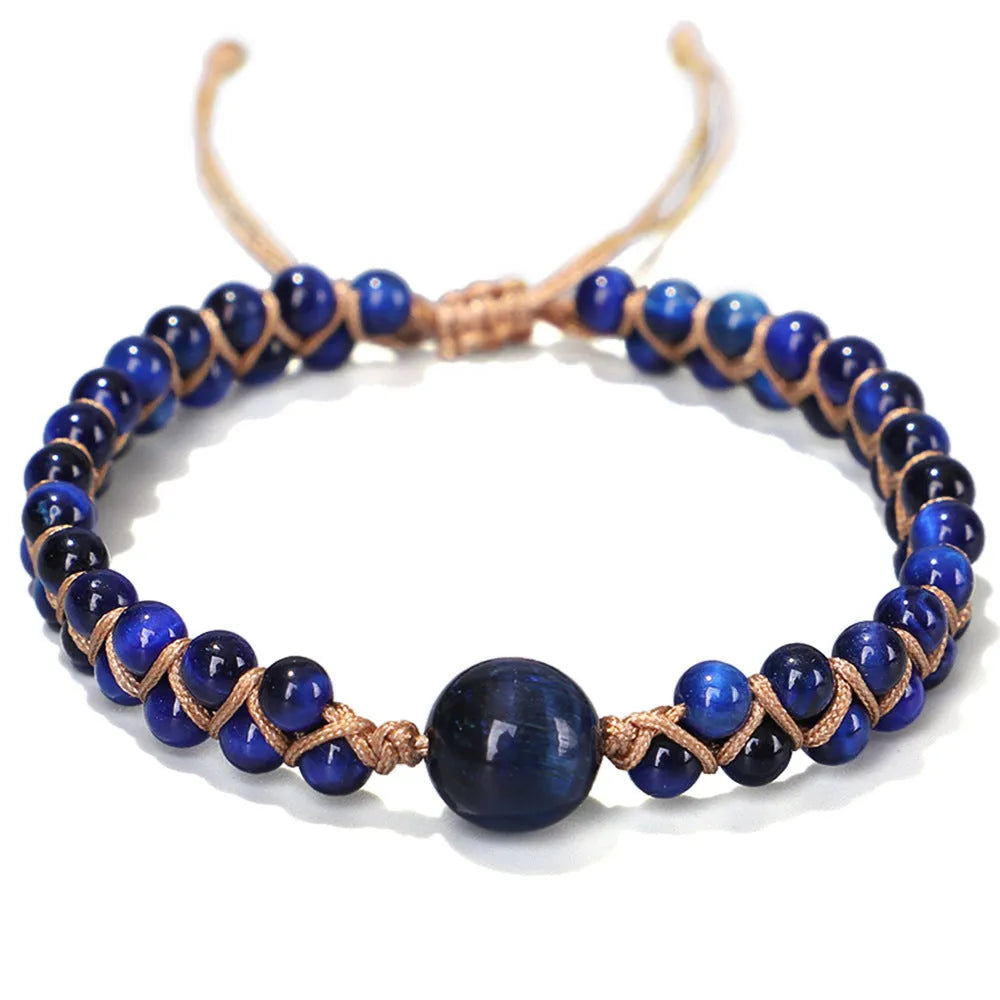 Handmade woven pull bracelet with geometric pattern and gemstone beads in blue Tigereye or Amethyst