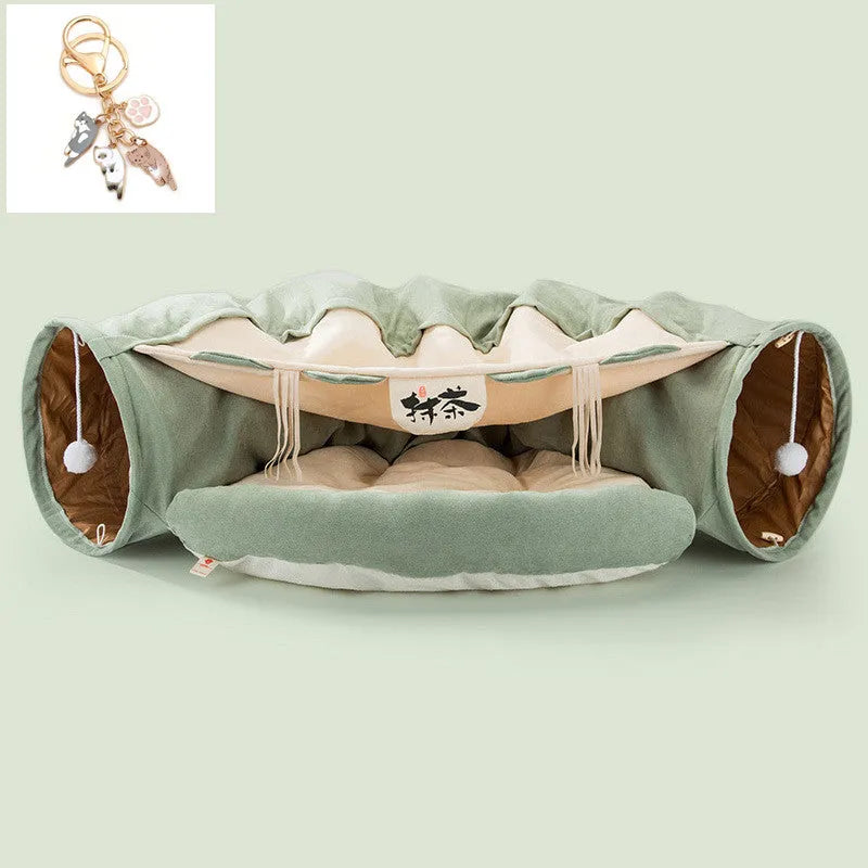Collapsible cloth cat tunnel in choice of bar, coffee, matcha, or pink colours, shown folded and unfolded