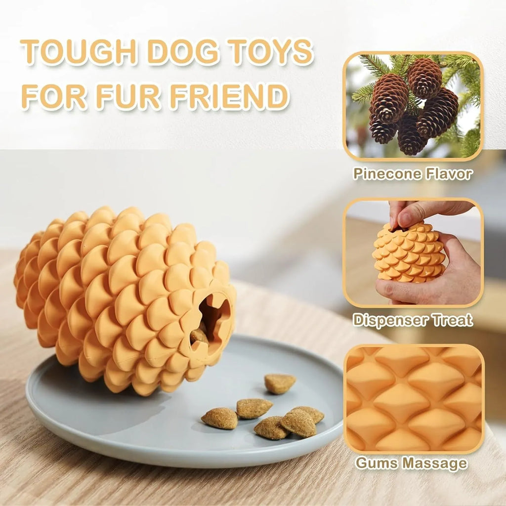Yellow pine cone shaped natural rubber dog chew toy with treat dispenser hole.