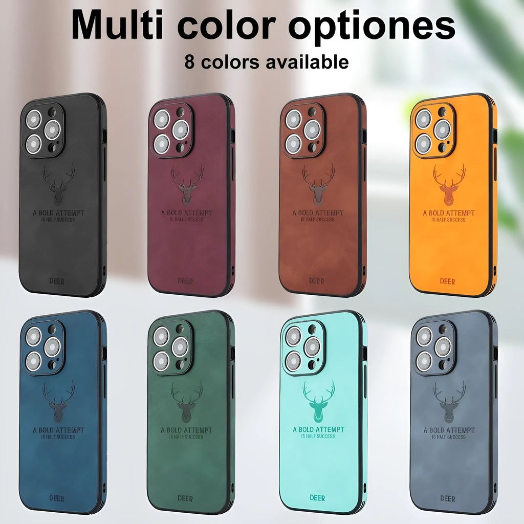iPhone 16 series phone case with embossed moose head design in imitation leather, shown in multiple colour options.