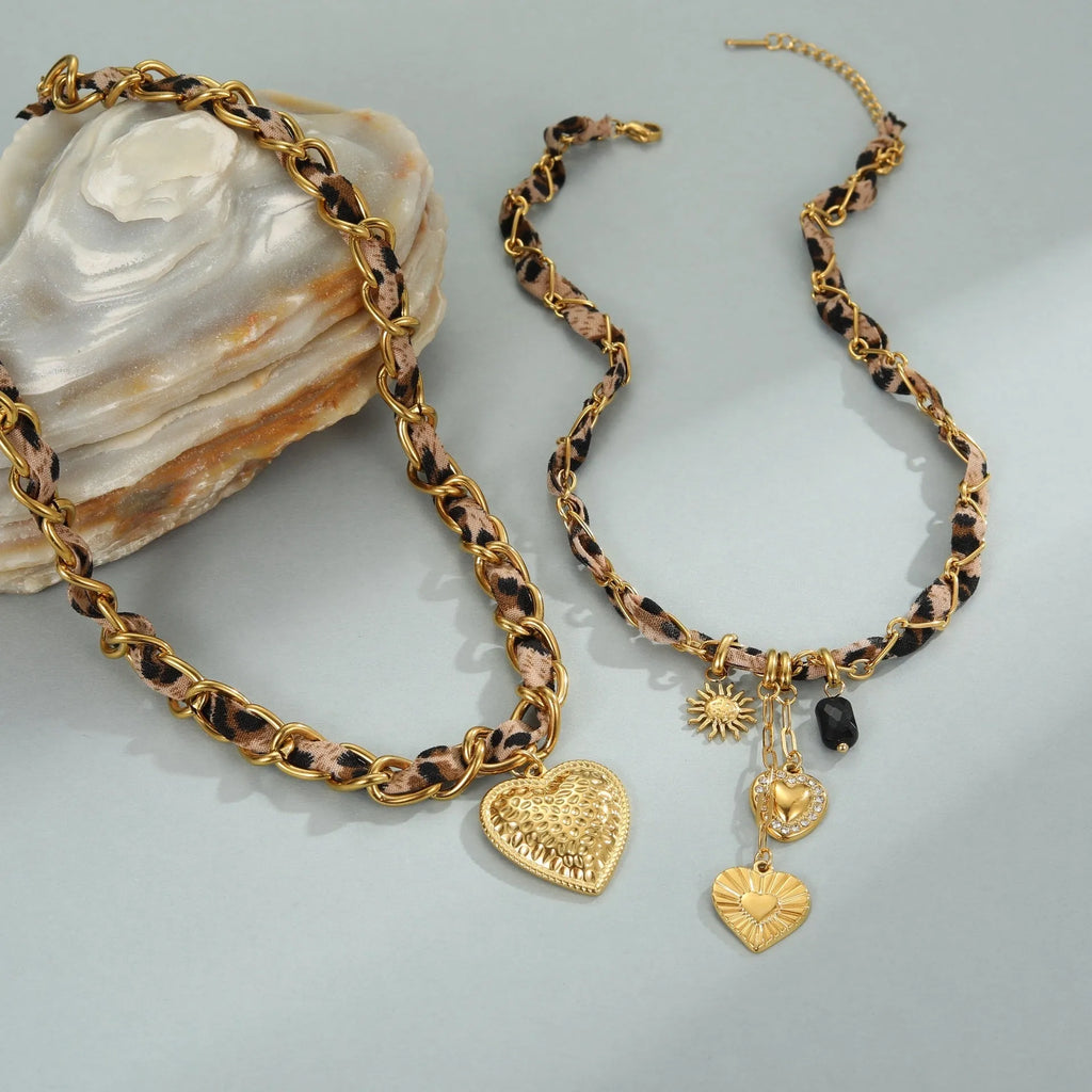Stainless steel leopard love pendant necklace with 18K gold electroplating on adjustable 41-50cm chain