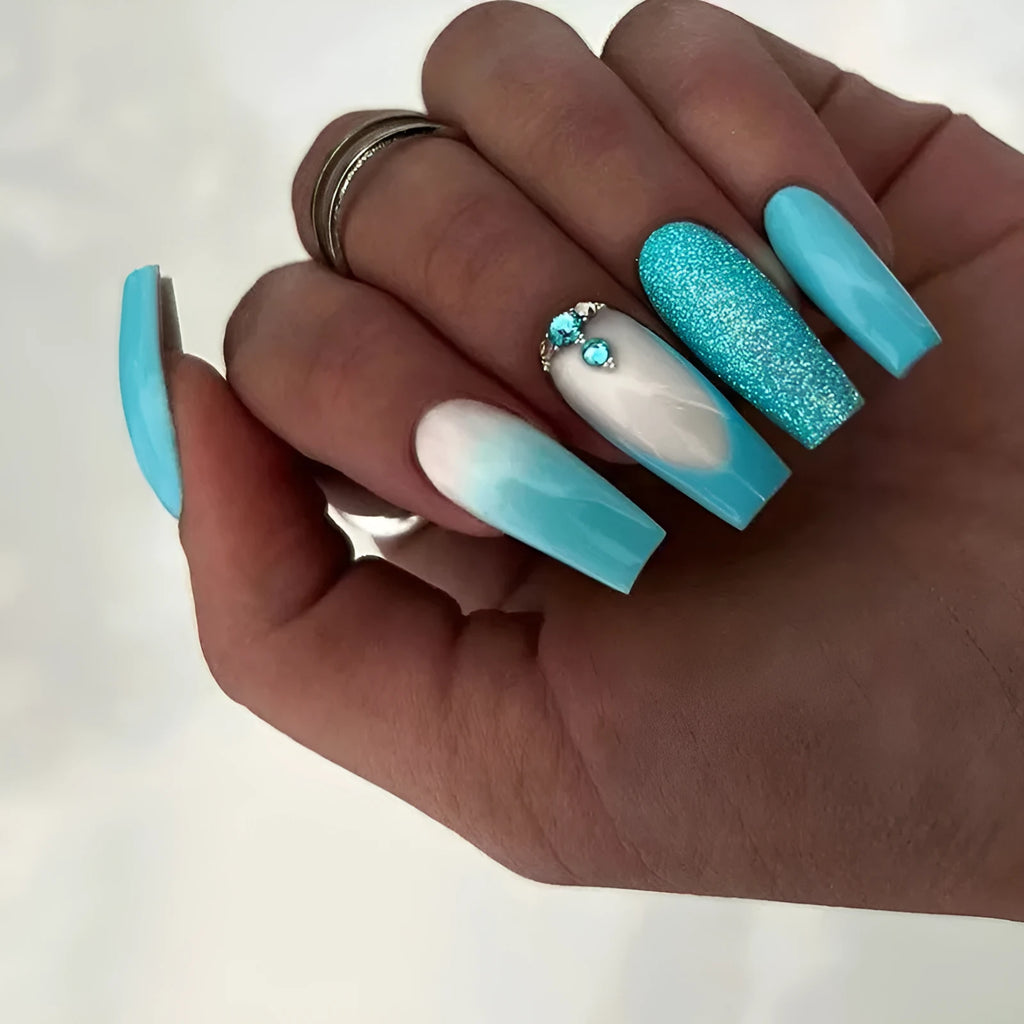 Smart blue diamond false nails with ballet shape and adhesive glue
