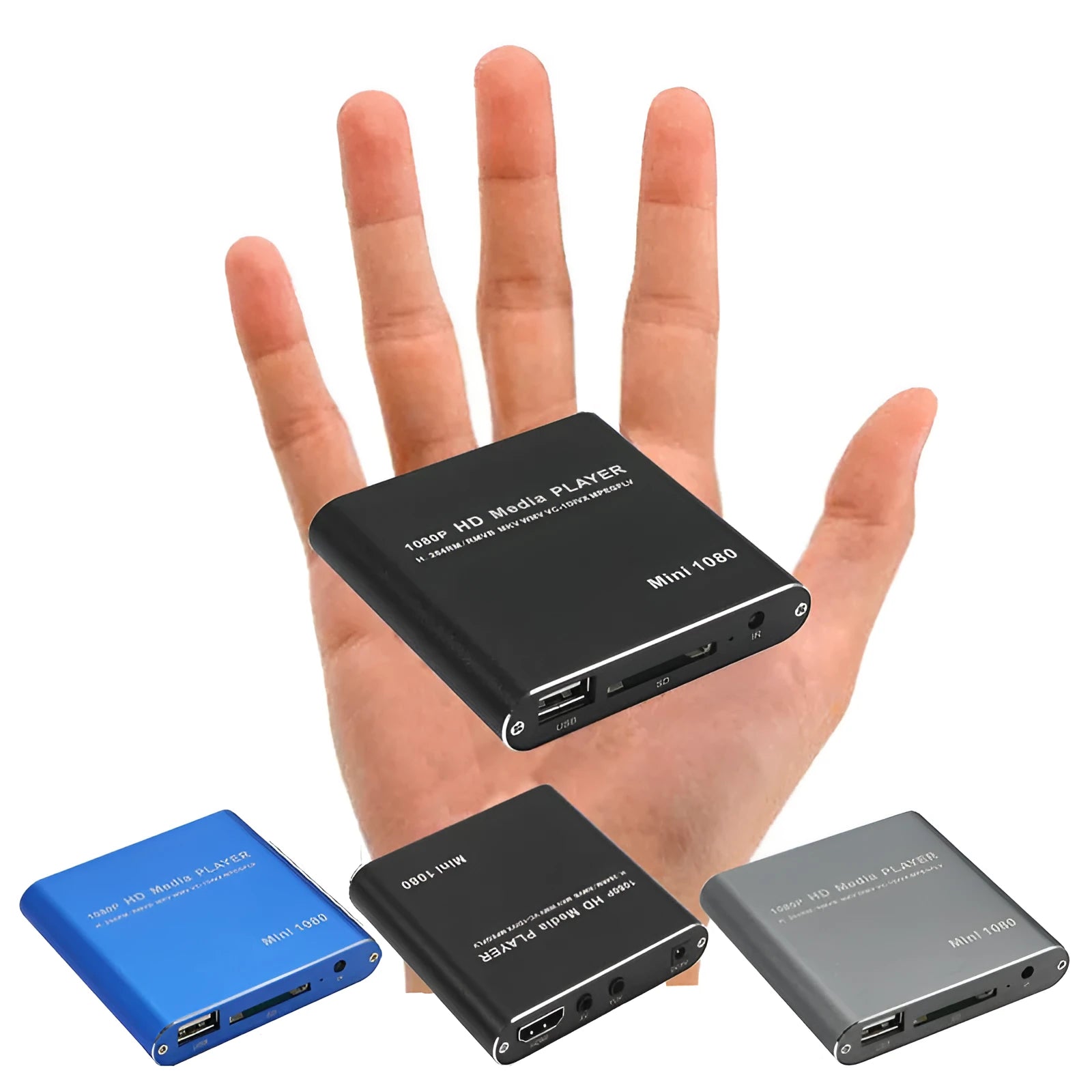 Compact black or blue 1080P Full HD media player with HDMI, SD, and USB ports