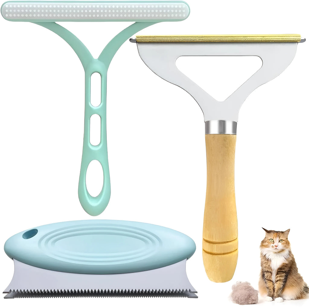 Three-piece pet hair remover set with metal tool, silicone brush, and round scraper on a beige fabric.