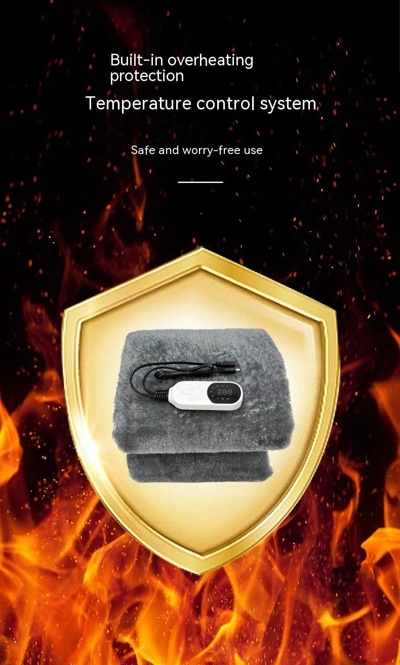 Grey 12V car electric blanket with cigarette lighter plug and 9-speed temperature controller, shown in single and double sizes.
