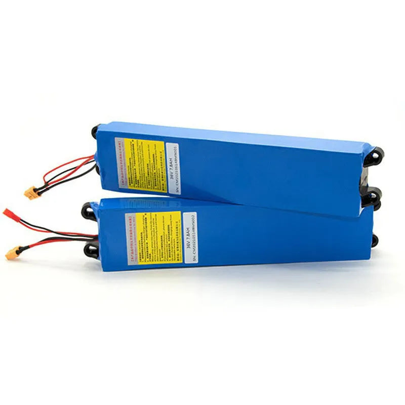 A 36V lithium-ion battery pack for electric scooters, showing options for 6.6Ah, 7.8Ah, and 10.4Ah capacities.