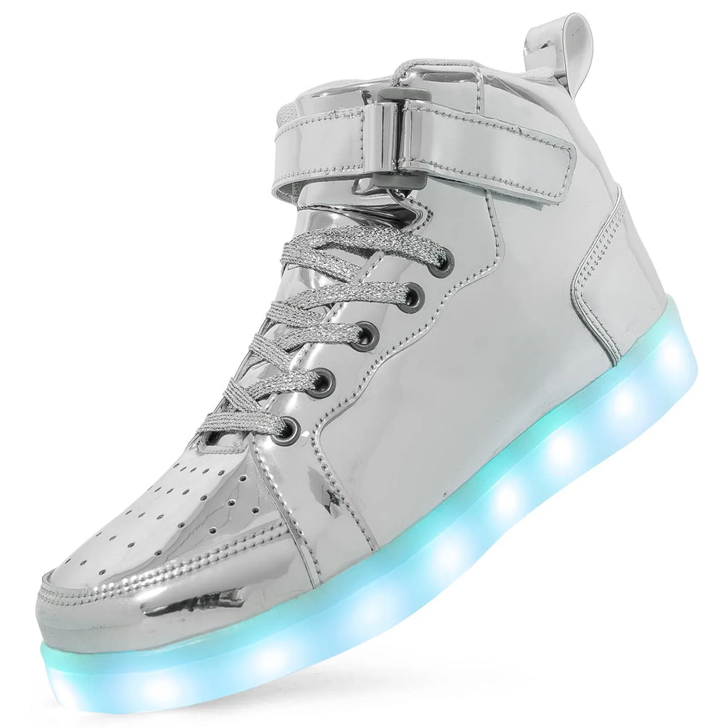 LED light-up high-top board shoes in black, gold, or white with Velcro straps and rubber sole.