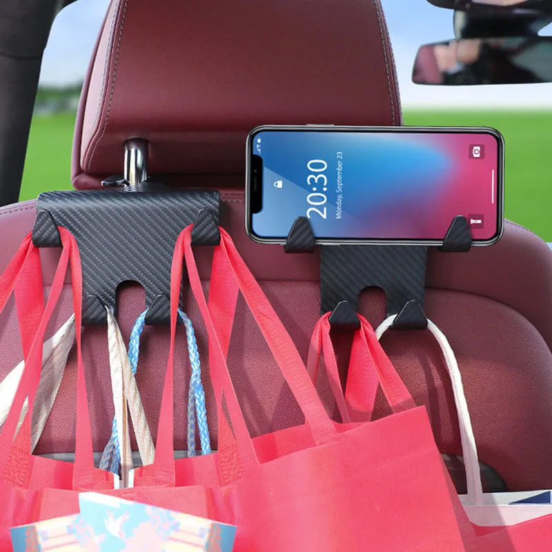 Black ABS car hook and mobile phone bracket for rear seat back storage.