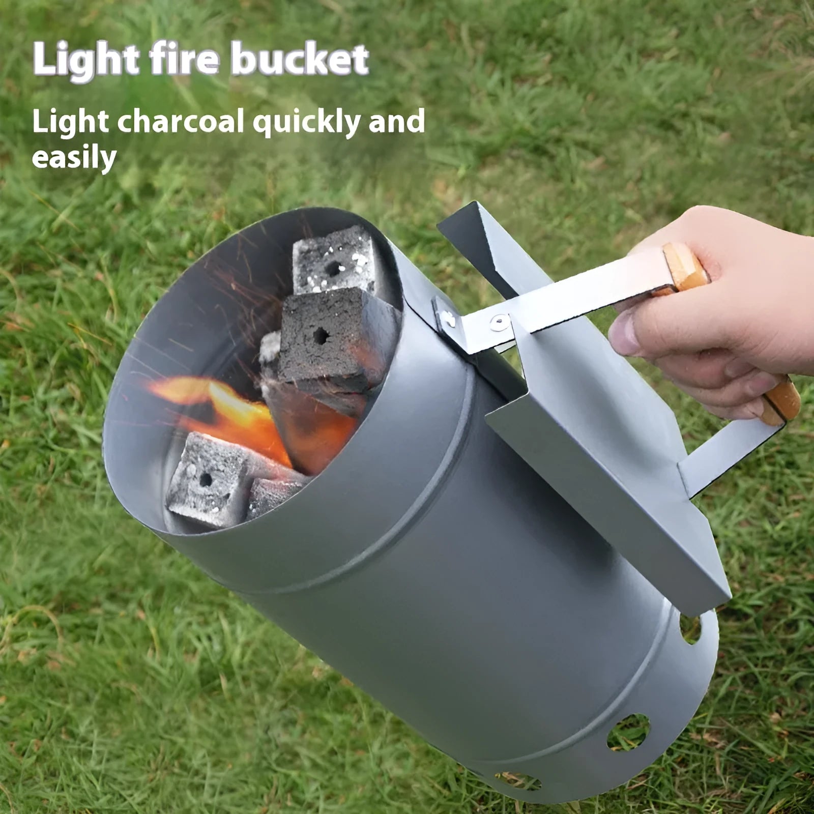 Outdoor charcoal fire igniter with zinc-iron alloy construction and carbon bucket style