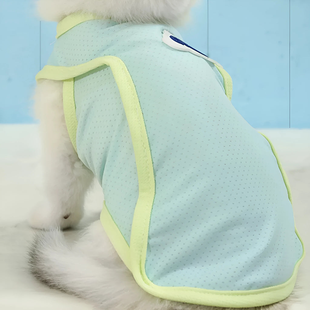 Lightweight polyester cat vest in grass green colour showing sports-style design for summer pet wear