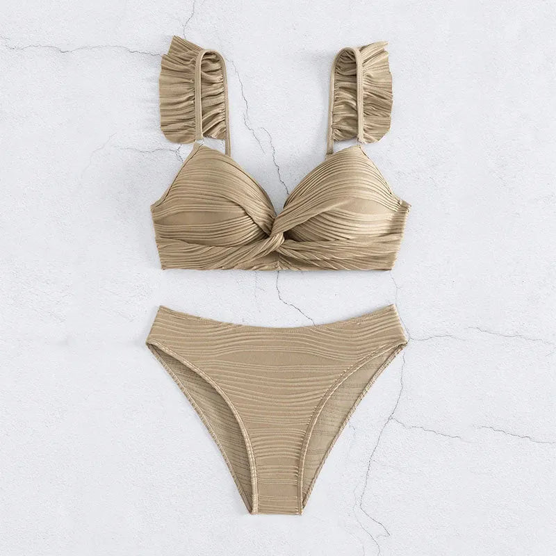 Women's solid colour bikini swimsuit in black or khaki, made from polyester fibre
