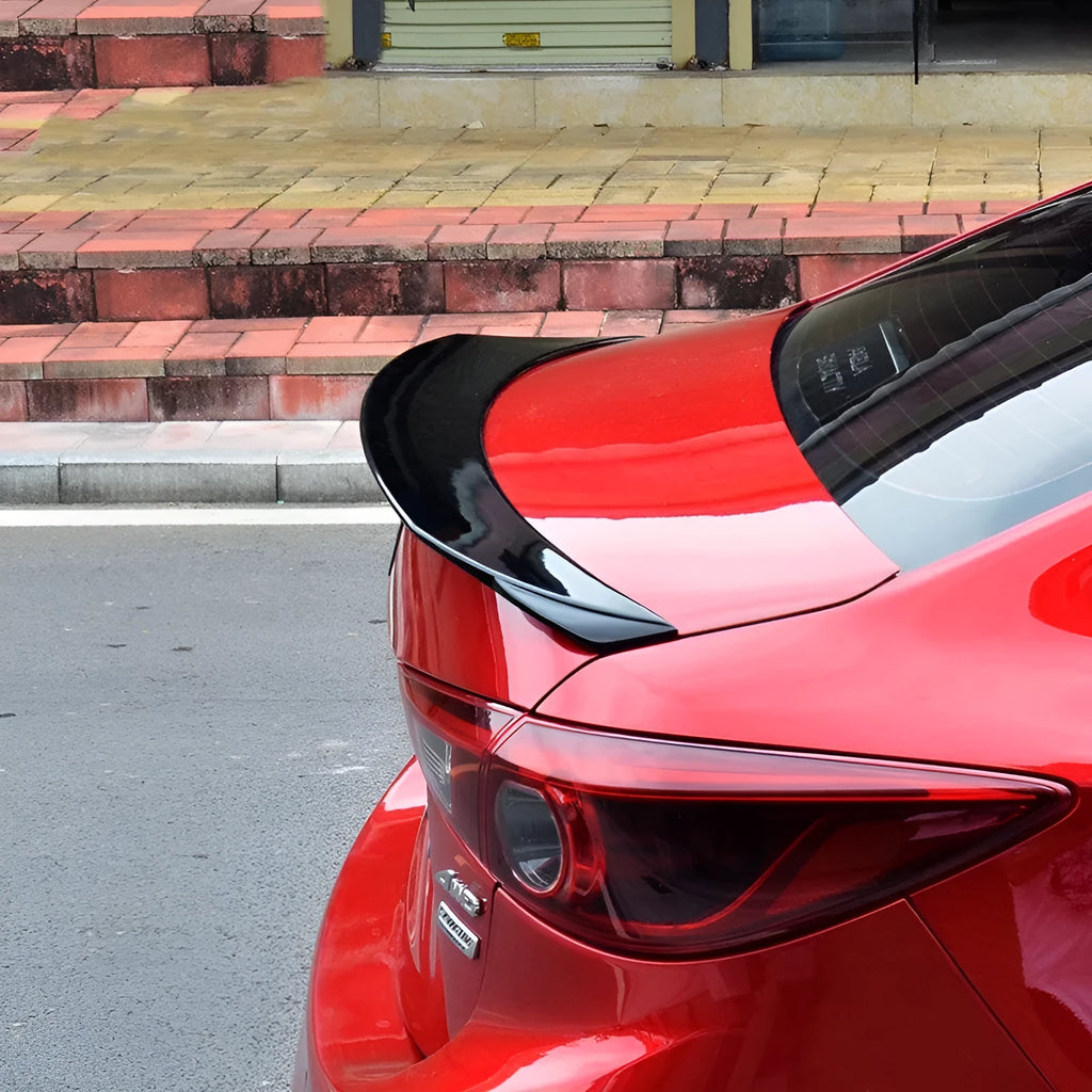 Mazda 3 Axela Exela large rear spoiler in bright black finish with fixed wind surround design
