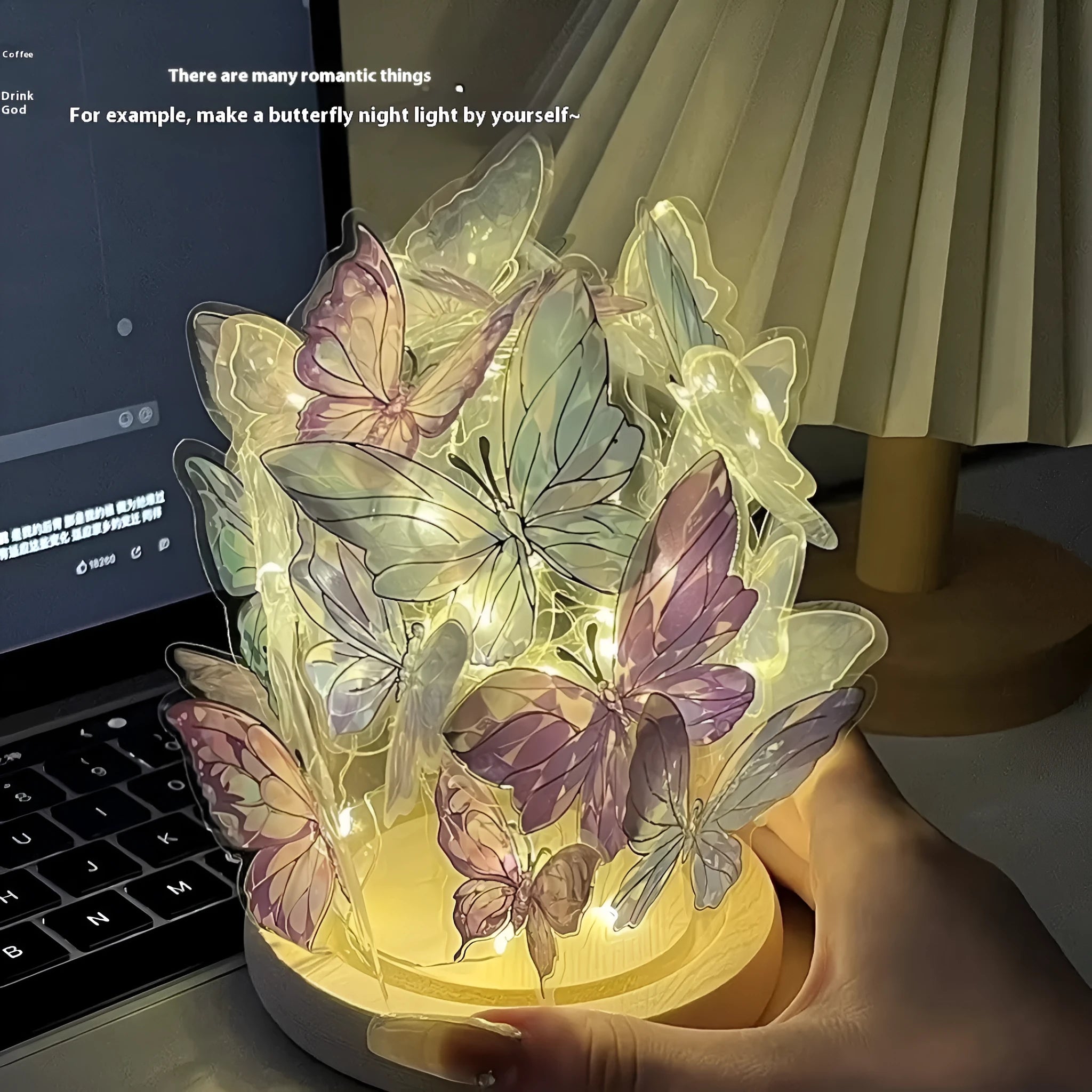 Butterfly-themed DIY night light with glass lampshade on a raw wood base.