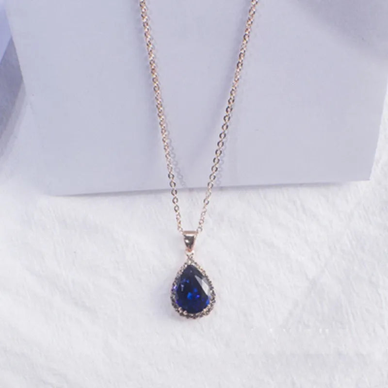 Water drop rose gold rhinestone geometric necklace pendant in pink colour with alloy construction