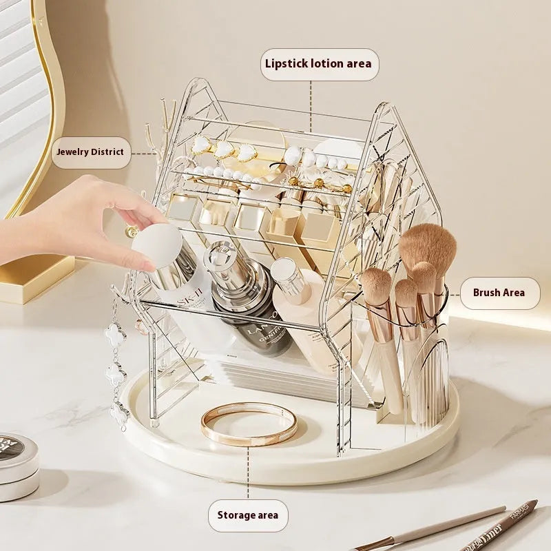 Rotating transparent plastic cosmetics storage box on a countertop.