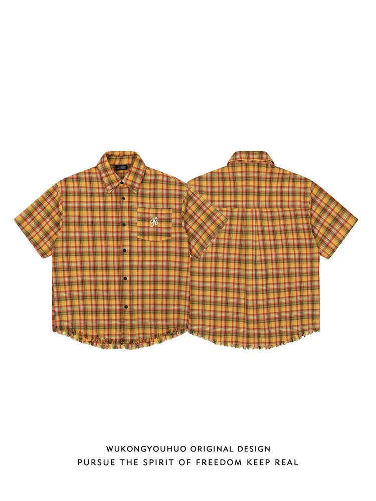 Yellow plaid short-sleeve shirt with embroidery and side pockets, loose fit for men and women