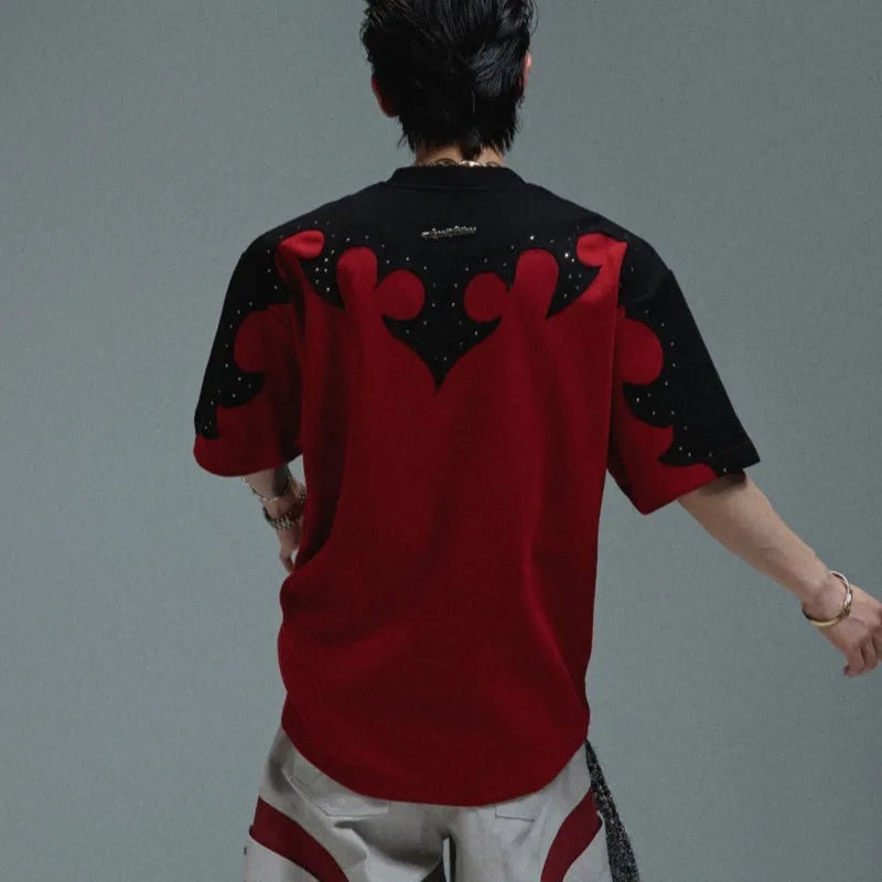 Men's red cotton T-shirt with three-dimensional stitching patterns and rhinestone detailing on front