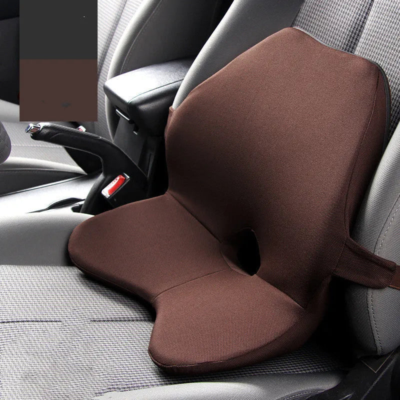 Memory foam car waist support cushion in beige colour, shown alongside optional matching headrest.